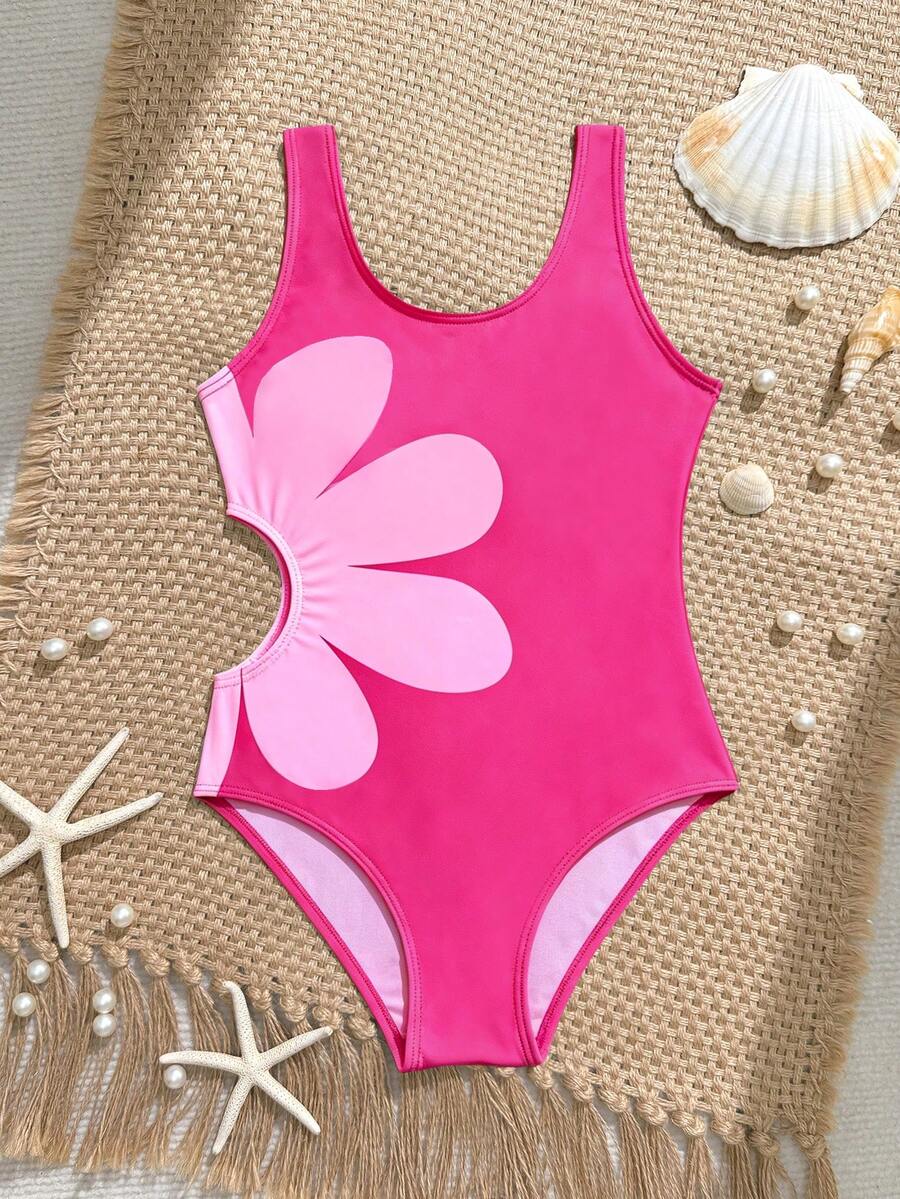 Baju Renang Terusan Motif Bunga Potongan Samping untuk Anak Perempuan, Modis, Cocok untuk Liburan di Pantai - Hot Pink - View 1