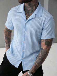 Manfinity Homme Men's Simple Solid Color Textured Front Button Short Sleeve Shirt, Summer - Blue - View 3