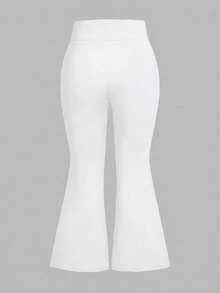 SHEIN PETITE CURVE 大尺碼小個女款高腰交叉設計喇叭褲 - 白色 - 查看 2