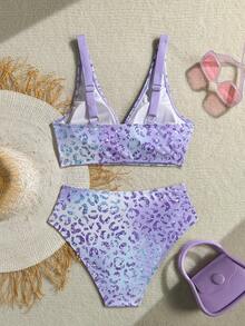 Swim Lushoire Conjunto de traje de baño de dos piezas para mujer madura y conservadora, nuevo para primavera/verano, con estampado de leopardo degradado en color púrpura y doble tirante en los hombros - Multicolor - Ver 2