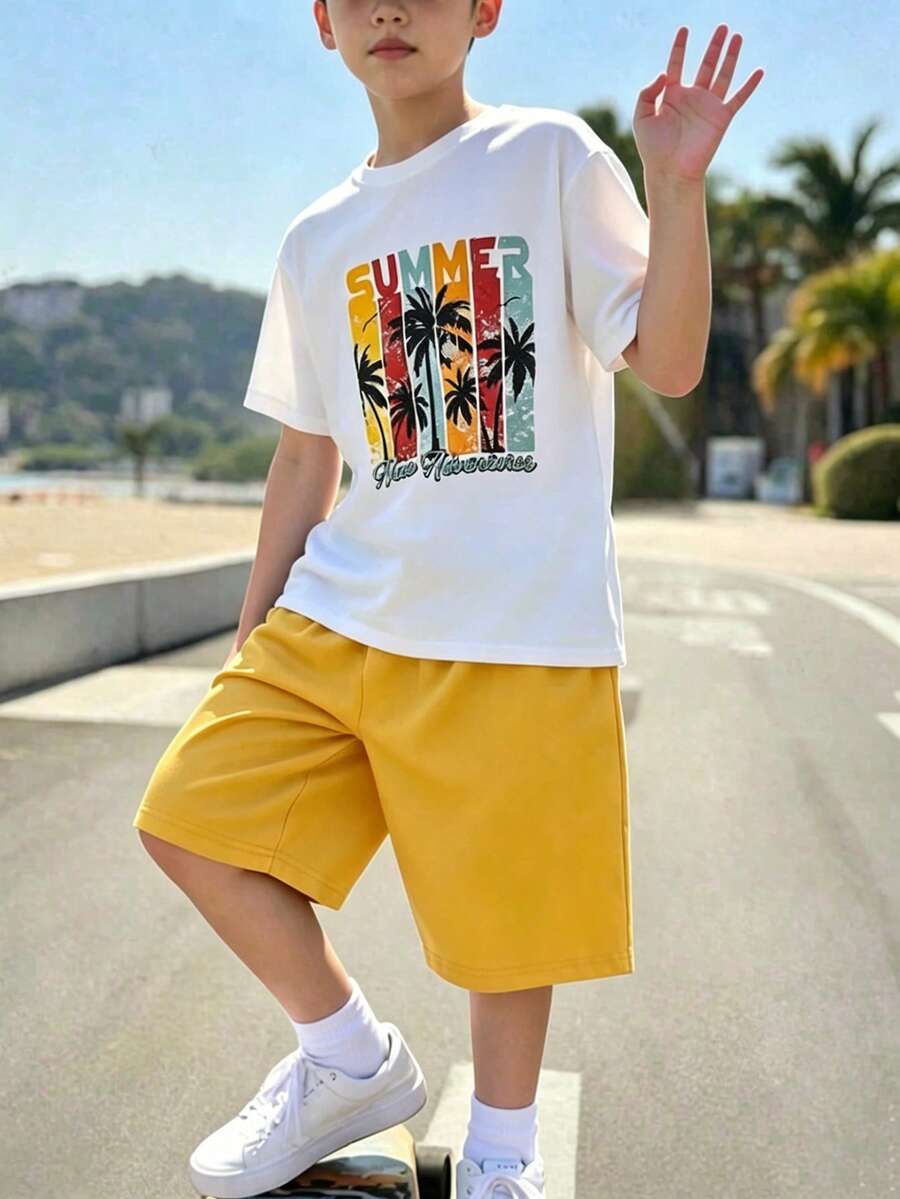 青少年男孩休閒時尚舒適百搭兩件套,男孩運動休閒套裝,柔軟舒適短袖與短褲運動套裝,夏季首選,度假休閒穿搭,返校派對,適合度假、戶外野餐、街頭攝影、校園、節日、禮品使用 - 彩色 - 查看 1