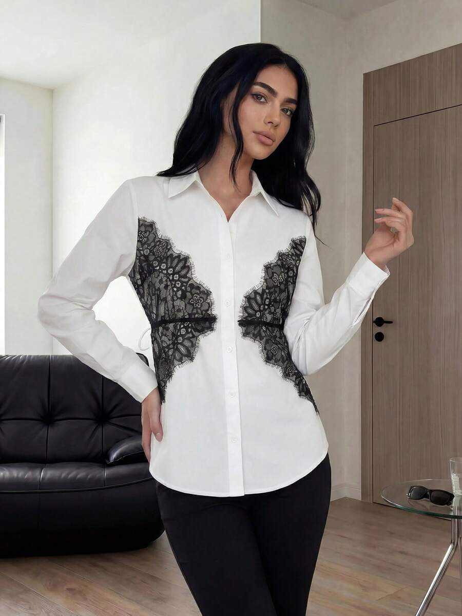 Solavon Áo kiểu nữ phong cách Ả Rập phối ren patchwork phối màu tương phản, cài nút trước, tay dài - trắng - Xem 1