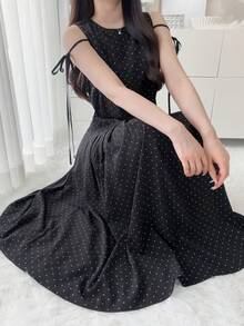 FRIFUL 女款圓領波點百褶休閒派對中長洋裝太陽裙 - 灰色 - 查看 1