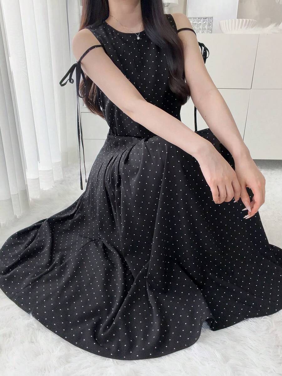 FRIFUL 女款圓領波點百褶休閒派對中長洋裝太陽裙 - 灰色 - 查看 1