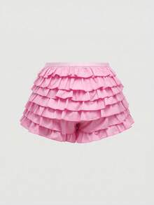 ROMWE Grunge Punk Y2k Cute Sweet Hot Girl Leopard Print All-Over Multi-Layer Ruffle Lace Cake Design Low-Waist Mini Shorts Home Pink Summer - Pink - View 2