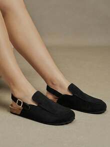 Solecia Sepatu slip-on datar wanita terbaru, sandal setengah belakang terbuat dari bahan suede imitasi, dengan desain tali belakang. Sederhana, nyaman, dan serbaguna, cocok untuk bepergian, berbelanja, berjalan-jalan, dan berlibur. - Hitam - View 9