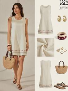 SHEIN Tall Women's Cotton-Linen Textured Sleeveless Tank Dress,Apricot Summer Boho Holiday Vacation,Bohemian Style Beach Resort Wear,Casual Fashion Street Look, Tall Women - Apricot - View 5
