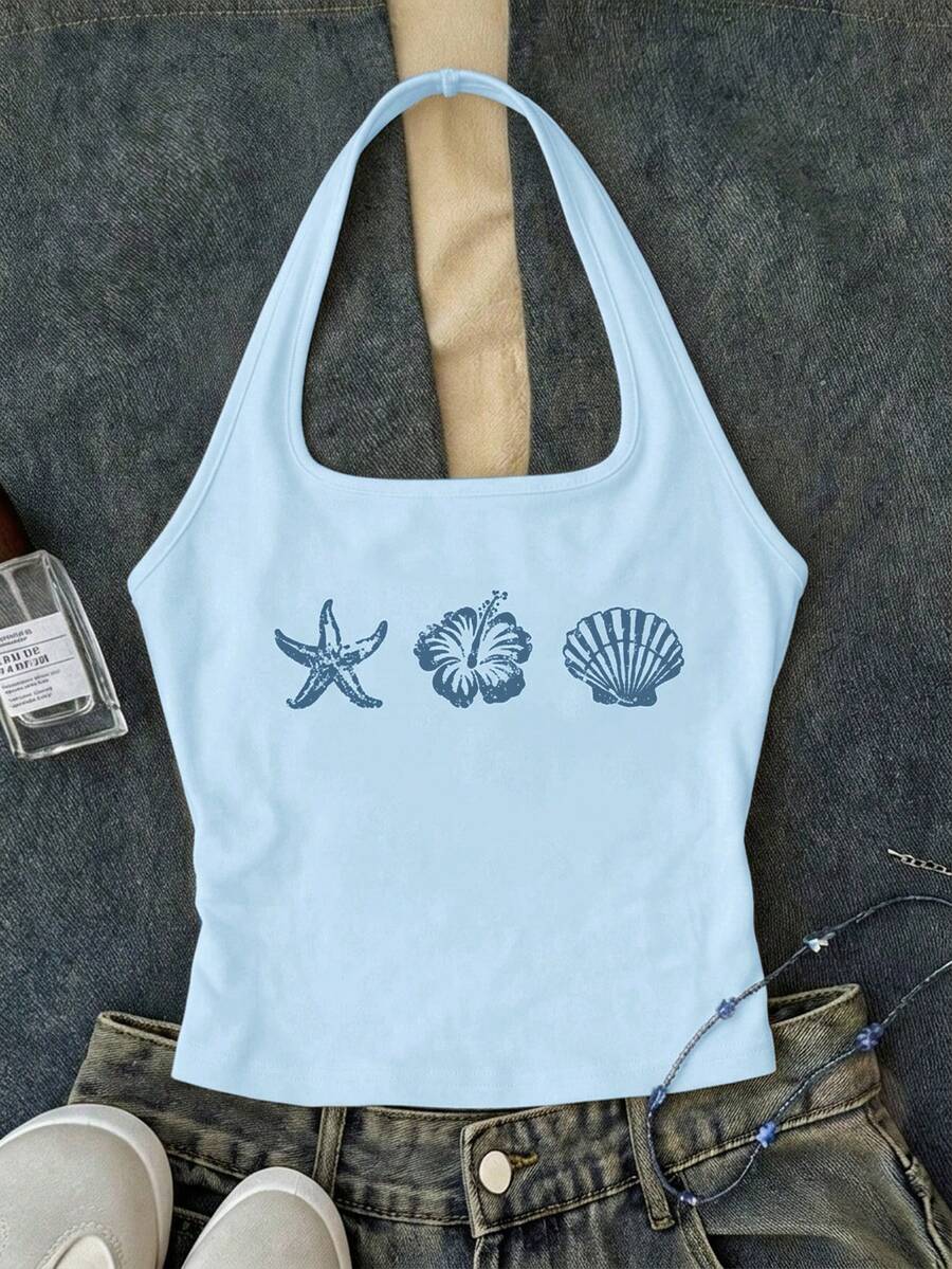 Tween Girls Light Blue Long Casual Halter Neck Top, Slim Fit Tank Top For Summer - White - View 1