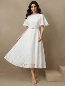 Savoree Elegant 3D Embossed Floral Jacquard White Cinched Waist Round Neck Flutter Sleeve Midi Dress For Women - White - View 6