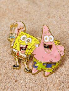 SpongeBob SquarePants | SHEIN 4件組時尚可愛卡通鋅合金胸針別針組，包包吊飾，適合作為禮物、收藏品、紀念品 - 彩色 - 查看 4