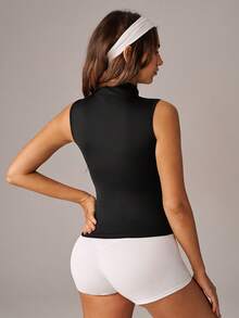 Easithlete Easithlete Franklier Women's Fashionable Elegant Athleisure Fitted Zipper Sleeveless Vest, Minimalist Solid Color Design, Essential Autumn Item Gym Black - Black - View 2