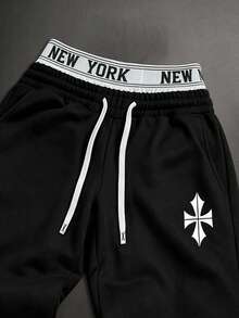Sport MetroGents Men's Double Waistband Hip-Hop Letter Print Colorblock Drawstring Waist Pocket Sports Long Pants, Gym - Black - View 4