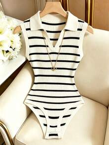 GlowEve Black And White Ribbed Polo Collar Ribbed Knit Fitted Versatile Bodysuit - Beige - View 3