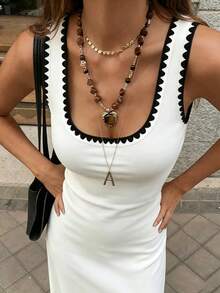 Cévolie Shell Embroidery Contrast Trim Square Neck Sleeveless Fitted Dress, Sexy Vibe - White - View 4