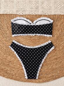 SHEIN Swim 女款夏季海灘度假泳衣 熱帶牙買加風三角比基尼 後綁帶套裝 可愛花卉紋理布料印花 2件組 黑白波點 - 黑與白 - 查看 2