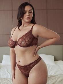 Slumbrini 1 Set Women Plus Size Solid Color Lace Underwire Comfortable Bra Set, Lift - Redwood - View 9