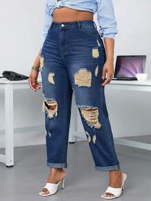 Slaydiva Jeans de talla grande de mezclilla desgastada y lavada de manera casual - Azul Marino - Ver 6