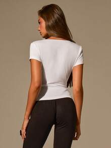 Athîral Women's Casual V-Neck Cross Button Short Sleeved Top, Suitable For Daily Wear At Gatherings, With Elastic, Soft And Comfortable Fabric For Summer - White - View 2