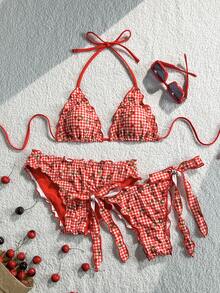 Swim Mod Summer Beach Party Women 3-Piece Set Cherry Print Random Halter Top Bikini Bottoms Side Tie Sexy Cute Vacation Swimwear Outfit All White - Red - View 1