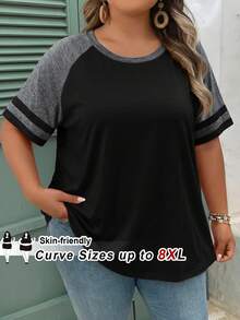 SHEIN CURVE+ 大尺碼女款夏季休閒撞色落肩袖T恤上衣 春季海灘度假波希米亞風休閒短袖衫 - 黑色 - 查看 1