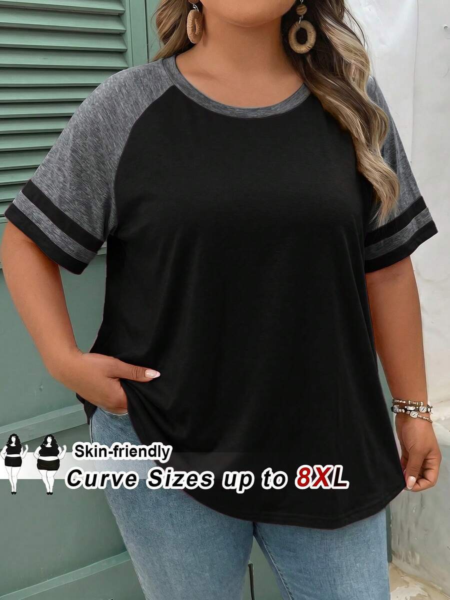 SHEIN CURVE+ 大尺碼女款夏季休閒撞色落肩袖T恤上衣 春季海灘度假波希米亞風休閒短袖衫 - 黑色 - 查看 1