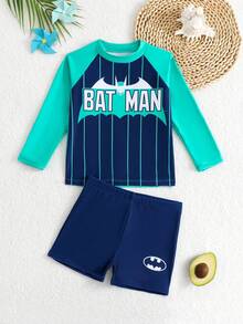 BATMAN X SHEIN GraphicGems 小男孩字母印花拼接撞色長袖連身泳衣，適合海邊度假、假期游泳派對、泳池海灘派對 - 彩色 - 查看 3