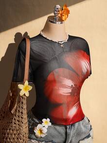 SHEIN ICON 女款大尺碼花卉印花圓領短袖時尚上衣 - 黑色 - 查看 9