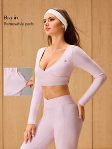 OutZeal Top deportivo para mujer rosa con sujetador integrado, ropa de yoga y pilates, secado rápido, cuello en V, manga larga, top activo para verano y primavera - Rosa - Ver 3