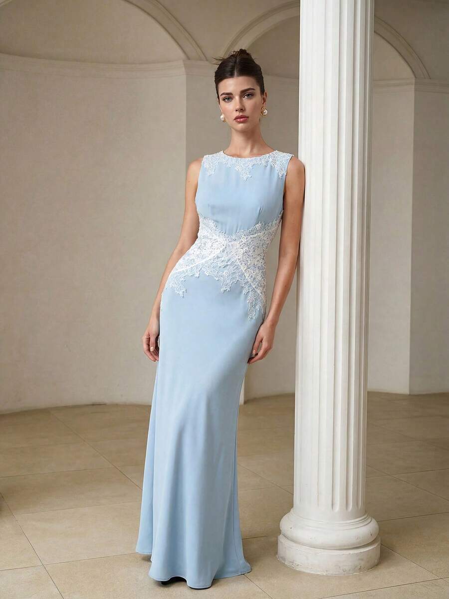 ZEYLAH Elegant Lace Patchwork Black & White Contrast Waist Fitted Long Dress, Spring/Summer - Blue - View 1