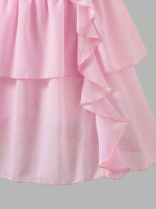 Teen Girls' Sophisticated Pink Halter Neck Chiffon Mini Dress, Ruched Waist & Ruffle Hem Detail, Unique Fairy Short Dress For Daily & Party Wear - Pink - View 7