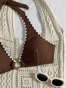 Swim Basics Women's Summer Beach Solid Color Knit Jacquard Fabric Shell Trim Halter Neck Back Tie Front Asymmetric Metal Decor Minimalist Fashion Casual Vacation Swimwear Top - Brown - View 3