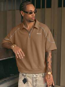 AXEPEAK Men's Dropped Shoulder Short Sleeve 1/4 Front Zip Minimalist Polo Shirt - Coffee Brown - View 1