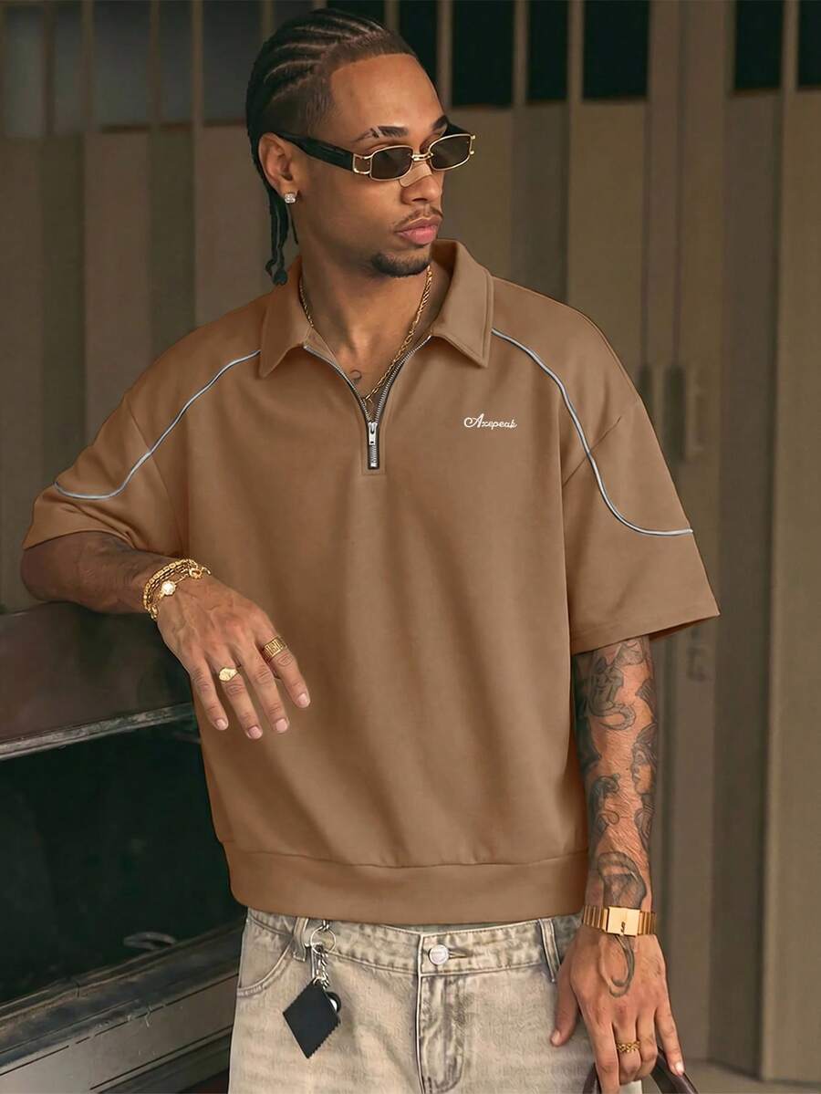 AXEPEAK Men's Dropped Shoulder Short Sleeve 1/4 Front Zip Minimalist Polo Shirt - Coffee Brown - View 1
