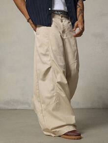 FRESIVO Pantalones largos holgados de pierna ancha con botones y bolsillos de unicolor de moda para hombres - Albaricoque - Ver 4