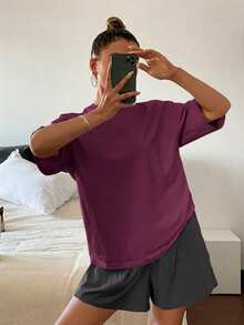 DAZY 純色寬鬆短袖T恤與短褲2件組女款居家休閒服 - 紫色 - 查看 4
