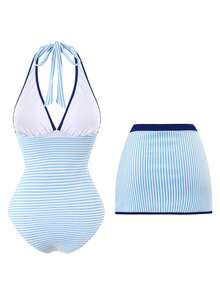 Swim Vcay Spring/Summer New Women's Striped One-Piece Swimsuit With Cover-Up Skirt, Beach Vacation - Blue - View 7