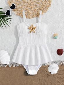 SHEIN 少女纯色金属装饰荷叶边连体泳衣，适合海滩度假、泳池派对、沙滩派对 - 彩色 - 查看 2