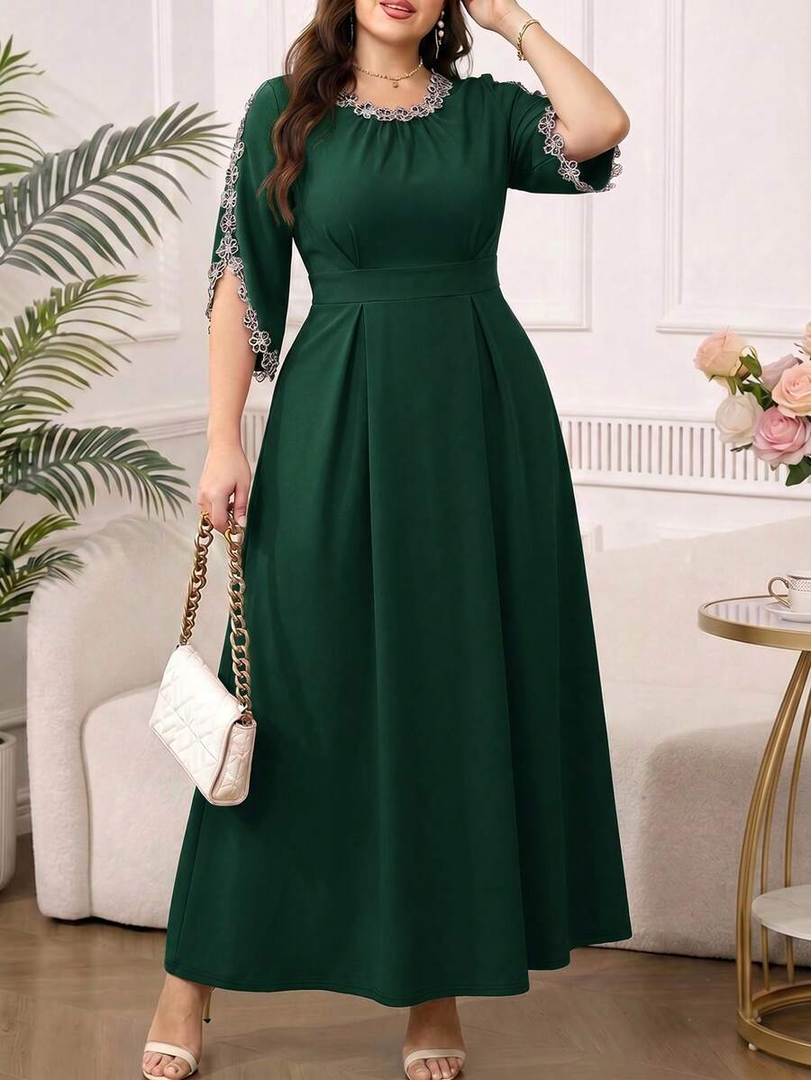 SHEIN Clasi 大尺碼女款蕾絲百褶休閒派對洋裝 - 墨綠色 - 查看 1