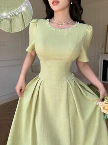 Modelyn Spring/Summer Solid Color Round Neck Short Sleeve Beaded Women's Dress Tea Party Light Green Elegant - Green - View 2