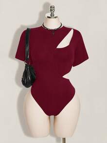 SHEIN ICON Women's Plus Size Solid Color Hollow Out Casual Versatile Daily Outing Short Sleeve Bodysuit - Burgundy - View 3