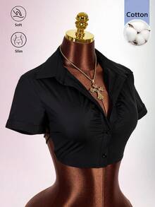 Amplova Casual Sexy 2026 New Front Ruched Design Back Lace-Up Open Back Cropped Shirt - Black - View 5