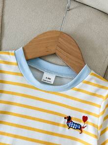 SHEIN 2pcs Infant Girl Summer Fashionable Simple Street Style Yellow & White Short Sleeve T-Shirt With Chest Embroidery & Blue Long Pants Set, Suitable For Daily School Wear - Yellow - View 8
