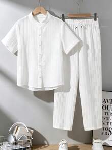 Teen Boy All White Mandarin Collar Long Sleeve Shirt And Casual Cute Teen Baggy Pants Set, Solid Outfit For Daily Wear, Outdoor, Prom Party Sixth Form - White - View 3