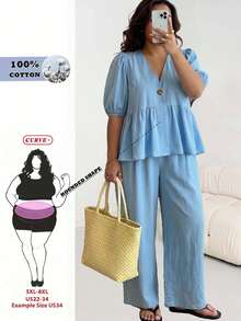 SHEIN CURVE+ Plus Size Women's Metal Single Button Short Petal Sleeve Shirt And Pants Casual Baggy Soft Form 2 Pieces Set Formal Vacation Light Blue Summer - Multicolor - View 7