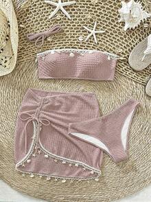 Swim Oasis Women's Pink Dusty Rose Solid Color Strapless Sexy Tropical Breezy Cute Swimwear Set With Textured Bubble Fabric Shell Tassel Decor 3 Pieces Beach - Pink - View 6