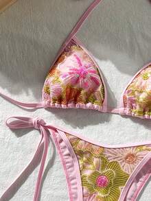 Swim Vcay Swim Bonvoyette 2件組 春夏度假花卉亮片紋理面料掛脖三角比基尼上衣與側綁比基尼褲女款性感泳衣套裝 - 彩色 - 查看 1