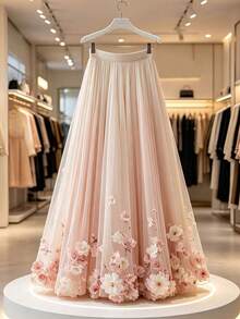 GlowEve CURVE Plus Size Women's French Elegant Gentle Style Floral Gradient Mesh Printed Skirt, Suitable For Travel, Daily Commute, Date Outfits Fall - Pink - View 1