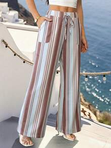 SHEIN Holidaya Women's Elegant Casual Striped Palazzo Pants - Multicolor - View 5