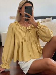 DAZY 女款圓領蝴蝶結寬鬆休閒度假襯衫 - 黃色 - 查看 4
