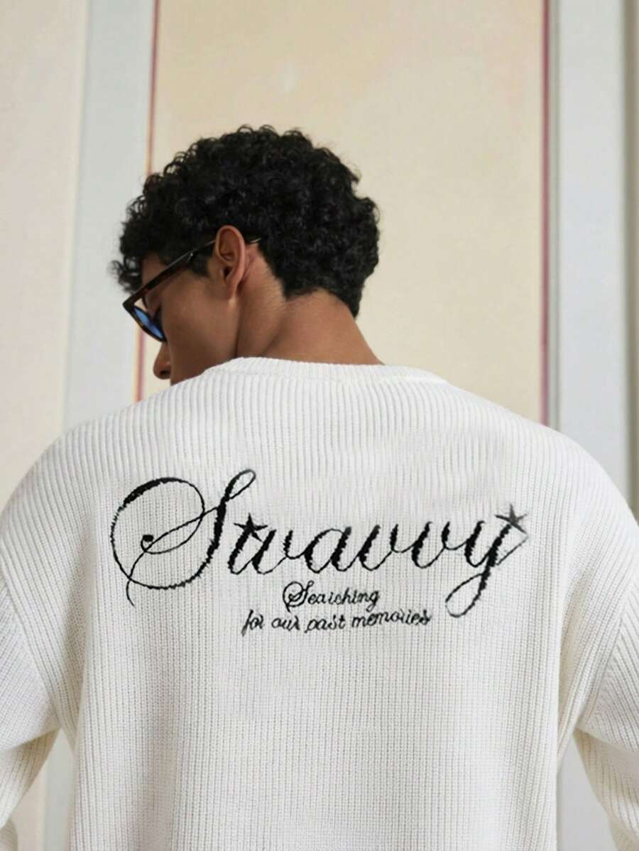 SWAVVY Standard Size Men's Letter Embroidery Dropped Shoulder Long Sleeve Casual Sweater - White - View 1